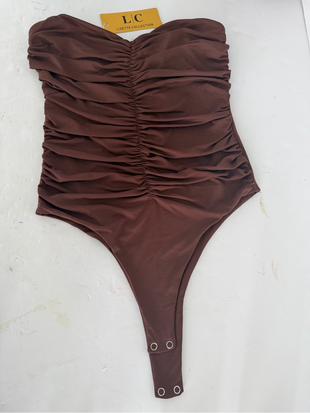 NWT Lizette Collection Chocolate Brown Strapless Ruched Bodysuit - Size L LC6809
